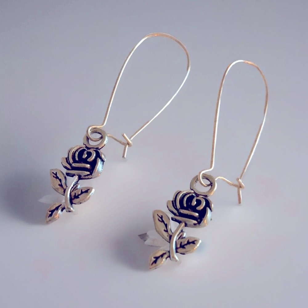 Antiqued Silver Rose Earrings on Large French Earwires